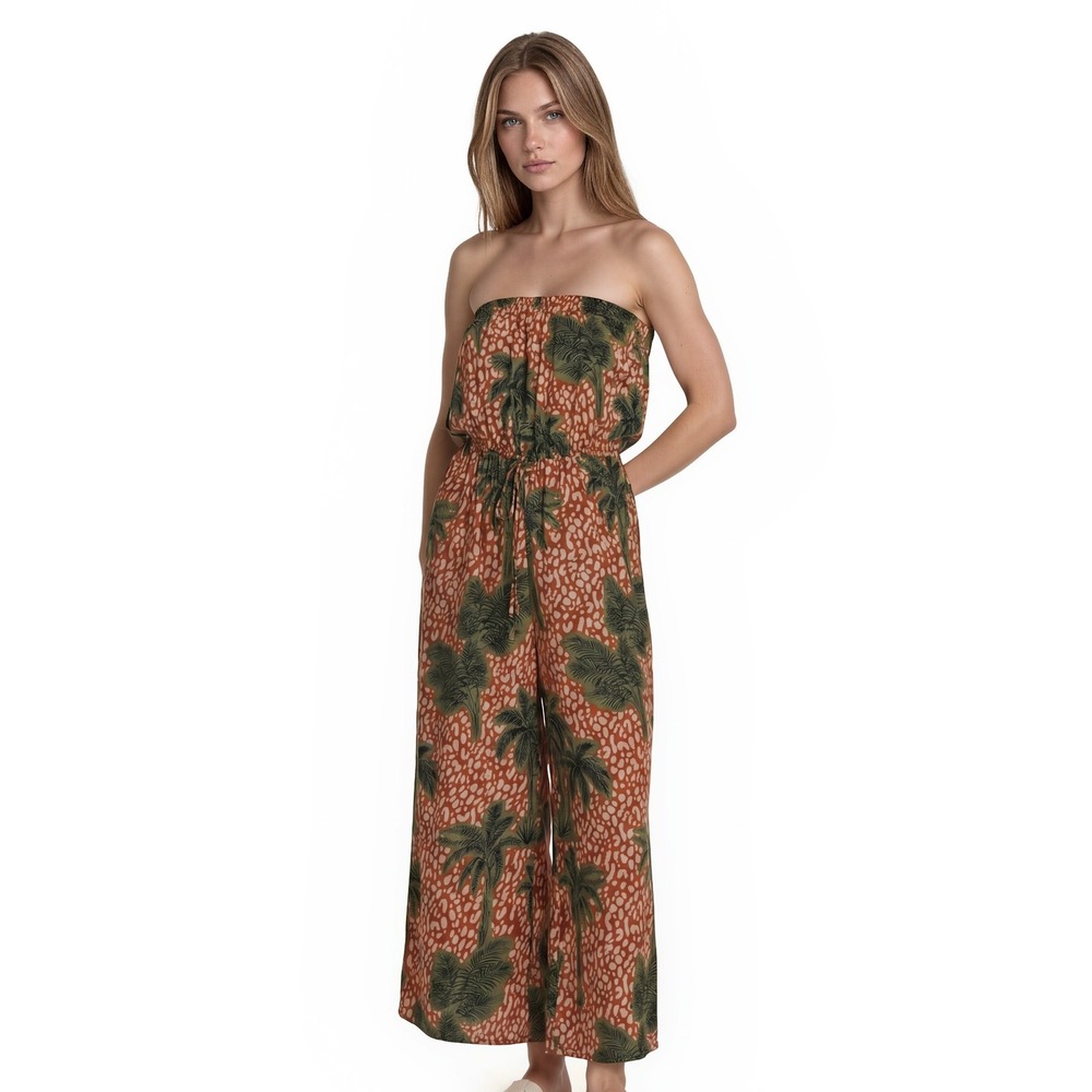 True Destinations Jumpsuit Women's Size Large Rust Orange Tropical‎ Palm